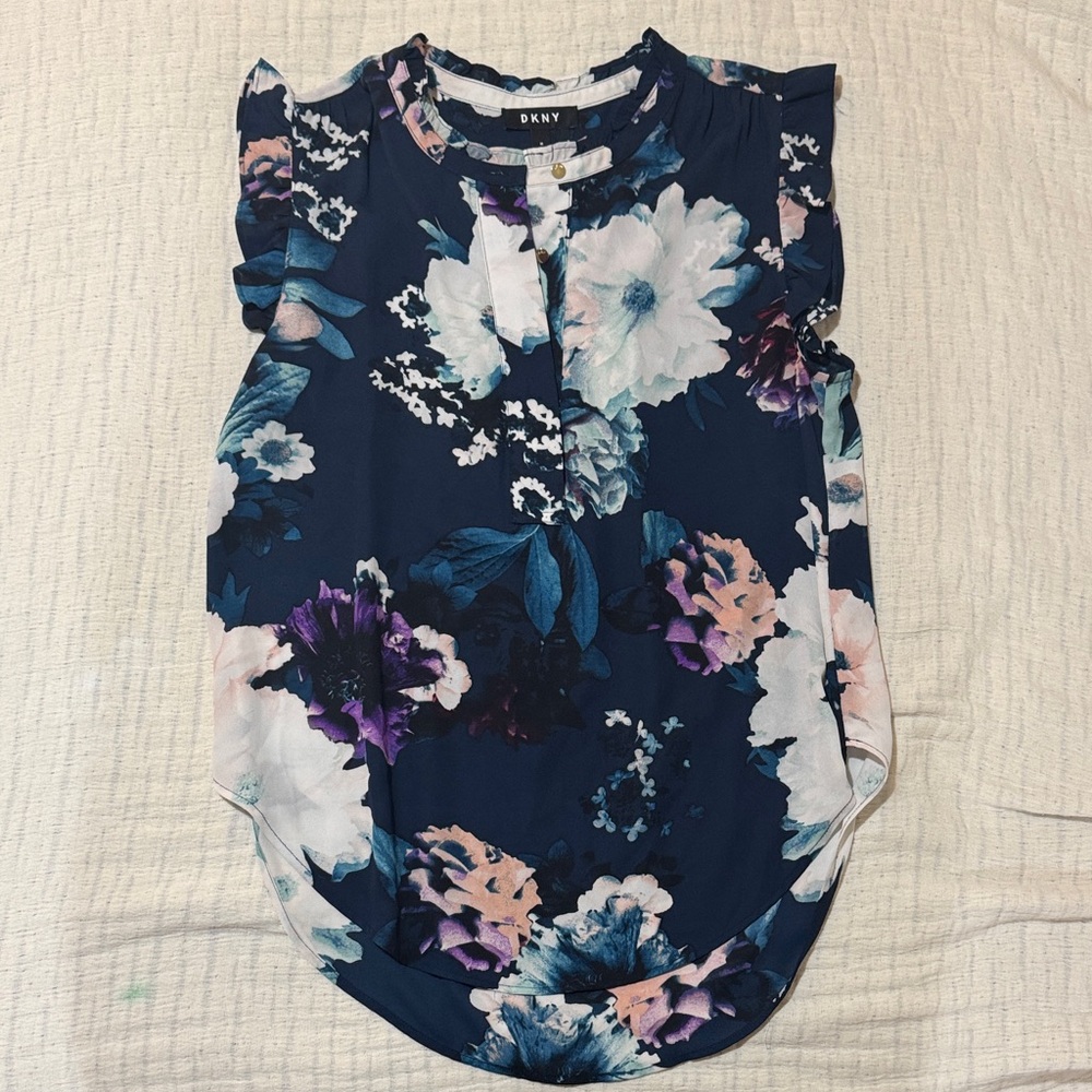 DKNY Floral Print Blouse in Navy and Pink